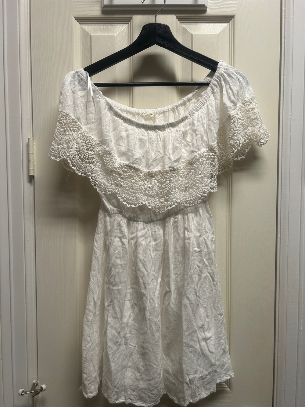 Lush White Off-Shoulder Crochet Trim Mini Dress